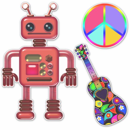 平和サイン入りのかわいいロボットとギターおもしろい シール (正面)