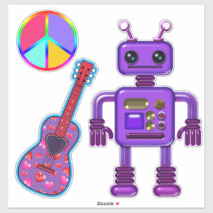 平和サイン入りのかわいい紫のロボットとギター シール