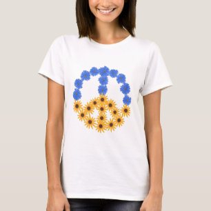 平和サイン黄色ひまわり青いコスモス花 Tシャツ