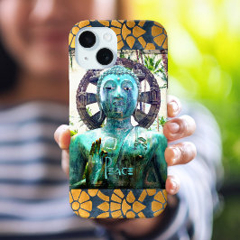 平和ターコイズ仏像写真 ゴールドモザイクボーダー iPhone 15ケース