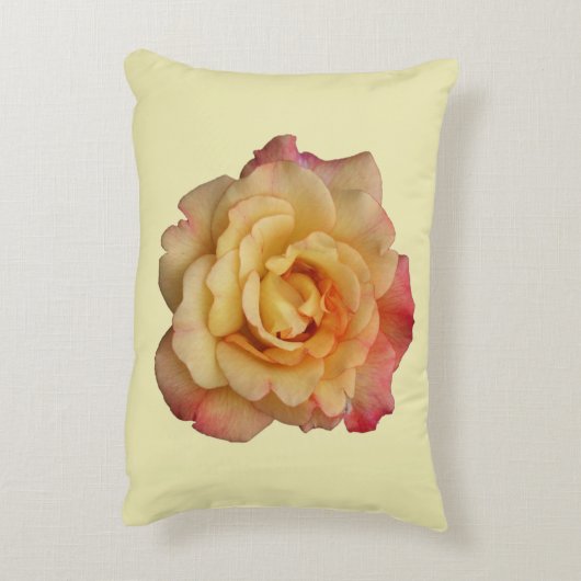 平和バラ美しいピンクと黄色のフローラ アクセントクッション (裏面(縦))