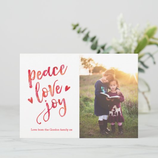 平和パーソナライズされた愛の喜びクリスマスフォトカード シーズンカード (スタンド正面)