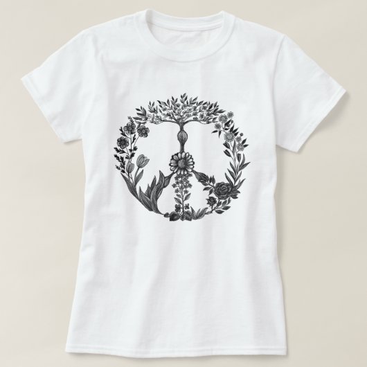 平和フローラスケッチかわいいボホヒッパイフラワーアート Tシャツ (デザイン正面)