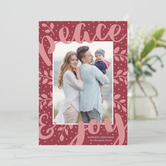平和モダンと喜びクリスマススタイリッシュ赤い写真 シーズンカード (スタンド正面)