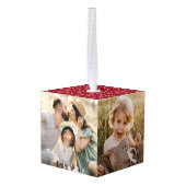 平和モダンと喜び赤3枚の写真 キューブオーナメント (裏面アングル)