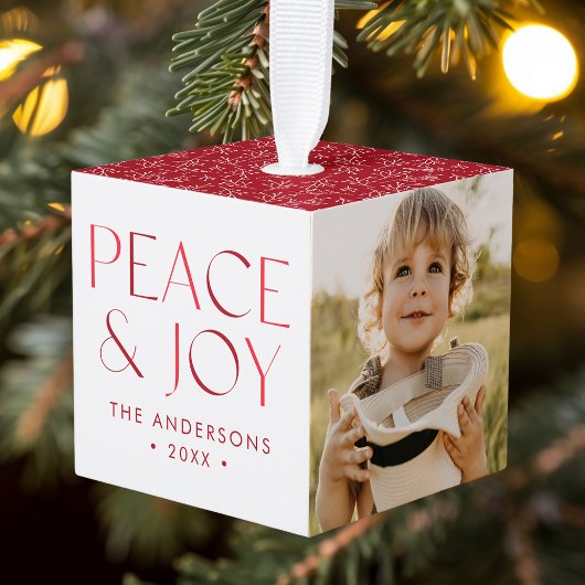 平和モダンと喜び赤3枚の写真 キューブオーナメント