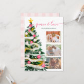 平和モダンクリスマスツリーの水の色3枚の写真 カード (正面/裏面インサイチュ)