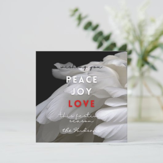 平和モダン喜び愛の白い羽クリスマス シーズンカード (スタンド正面)