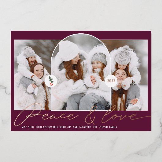 平和モダン愛アーチ3枚の写真プラム文字 箔シーズンカード (正面)