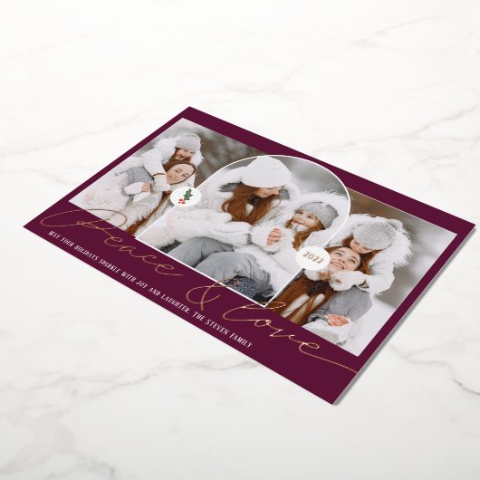 平和モダン愛アーチ3枚の写真プラム文字 箔シーズンカード (回転した状態)