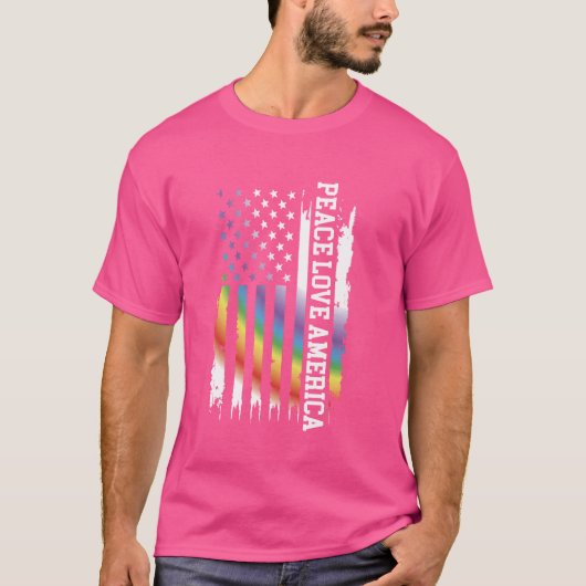 平和ラブアメリカ統一された州レインボーwアメリカ国旗 tシャツ (正面)