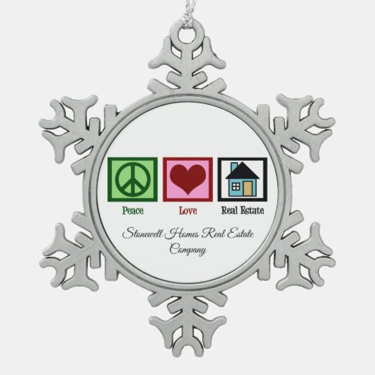 平和ラブエステート実在スクリスマパーソナライズされたス スノーフレークピューターオーナメント (正面)