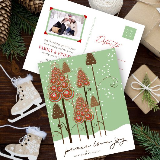 平和ラブジョイお洒落クリスマスツリーと雪 シーズンポストカード