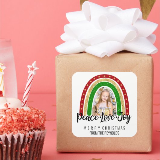 平和ラブジョイメリークリスマスレインボーフォト スクエアシール (パーティー)