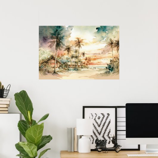 平和夕日の熱帯ビーチ水彩 ポスター (ホームオフィス)