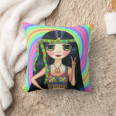 平和女の子のヒッピーの点滅のピースサイン クッション (ブランケット)