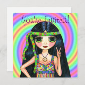 平和女の子のヒッピーの点滅のピースサイン 招待状 (正面/裏面)