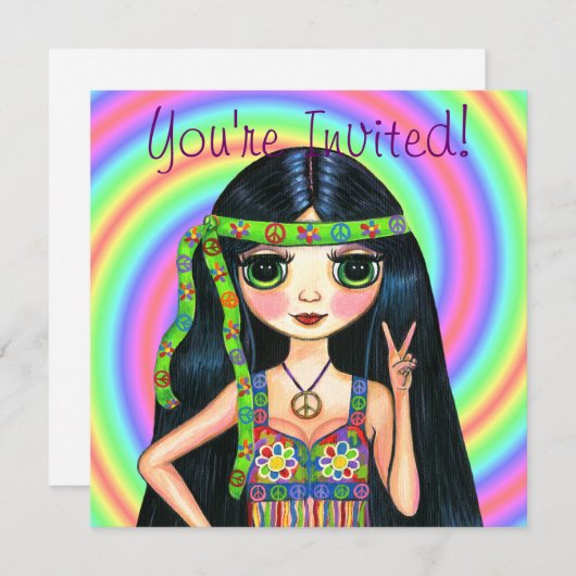 平和女の子のヒッピーの点滅のピースサイン 招待状 (正面/裏面)