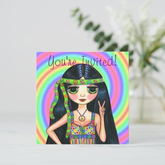 平和女の子のヒッピーの点滅のピースサイン 招待状 (スタンド正面)