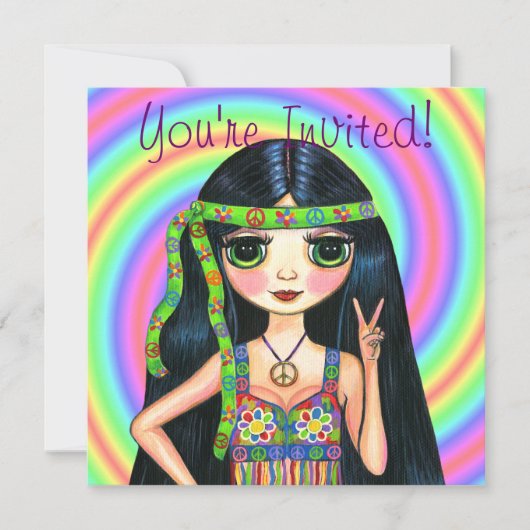 平和女の子のヒッピーの点滅のピースサイン 招待状 (正面)