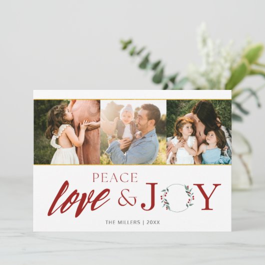 平和愛の喜び3つの写真家族のクリスマス シーズンカード (スタンド正面)