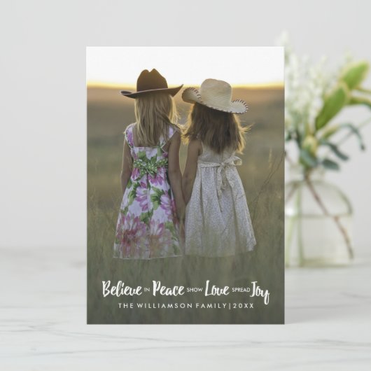 平和愛喜びのクリスマスの休日の写真で信じて下さい シーズンカード (スタンド正面)