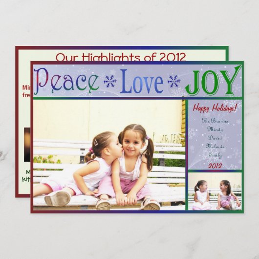 平和愛喜びのクリスマスの写真カード- 2つは味方しました シーズンカード (正面/裏面)