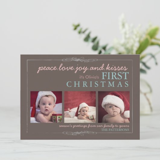 平和愛喜びのベビーの初めてのクリスマスの写真カード シーズンカード (スタンド正面)