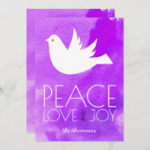 平和愛喜びの紫色の水彩画及び鳩のクリスマス シーズンカード (正面/裏面)