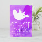 平和愛喜びの紫色の水彩画及び鳩のクリスマス シーズンカード (スタンド正面)