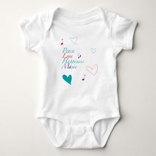 平和愛幸福音楽Tシャツ ベビーボディスーツ (正面)