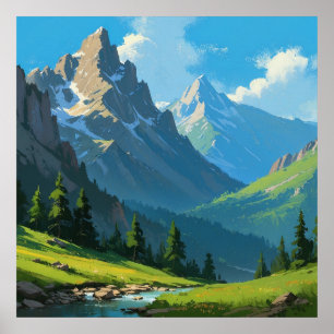 平和的な山の風景の自然絵画ズ ポスター