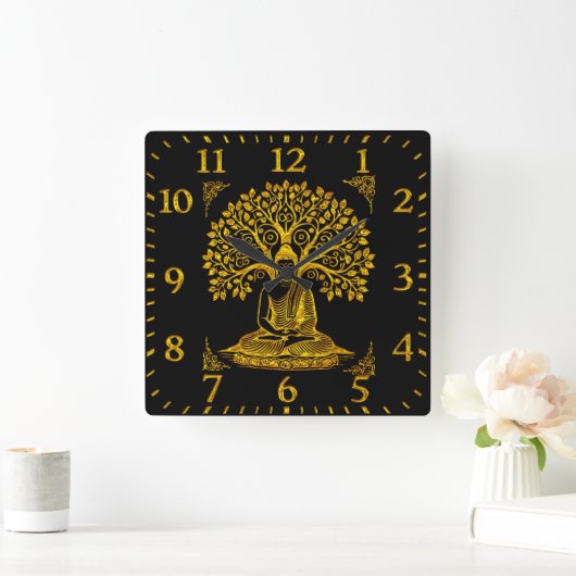 平和的に瞑想する木の下の金仏 スクエア壁時計 (ホーム)