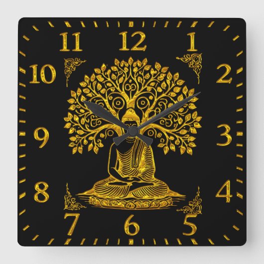 平和的に瞑想する木の下の金仏 スクエア壁時計 (正面)