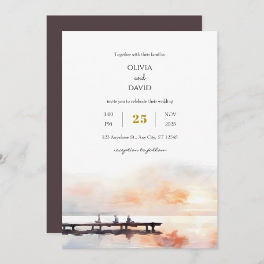 平和的シーサイドソフトサンライズピアビーチ結婚式 招待状 (正面/裏面)