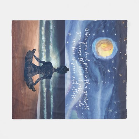 平和的ヨガメディテーション月明かりの空海引用文 フリースブランケット (正面(横))