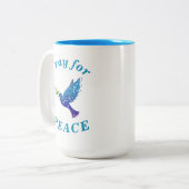 "平和祈のため"平和な生活ブルー文字 ツートーンマグカップ (正面左)