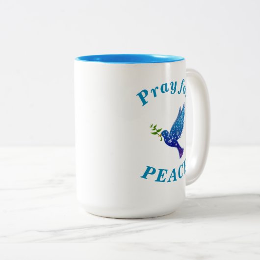 "平和祈のため"平和な生活ブルー文字 ツートーンマグカップ (正面右)