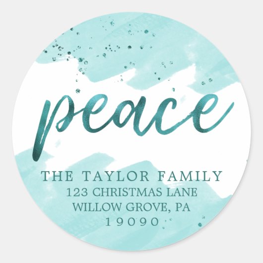 平和 |ティール（緑がかった色）水彩クリスマス差出人住所 ラウンドシール (正面)