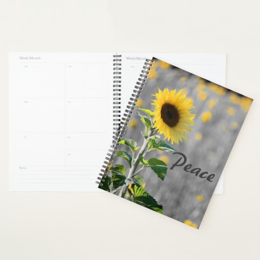 「平和」フレーズ、ひまわりのフィールド、ブラック&ホワイト プランナー手帳 (ディスプレー)