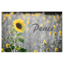 「平和」フレーズ、ひまわりのフィールド、ブラック&ホワイト