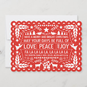 平和、喜びのpapelのpicadoの赤のクリスマスを愛して下さい シーズンカード