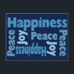 平和、喜び、幸福のグッドウィルメッセージ シーズンポストカード<br><div class="desc">このモダンなタイポグラフィのポストカードで、平和、喜び、幸福のメッセージを広めましょう。 年中どの日でも使える素敵なポストカードです。 本を読む人にとっては、ブックマークとしても使えます。 クリスマス、ハヌカ、チャヌカ、またはクワンザーのホリデーカードとして使用できます。</div>