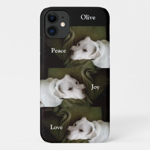 平和、喜び、愛の白い子犬のクリスマス iPhone 11 ケース