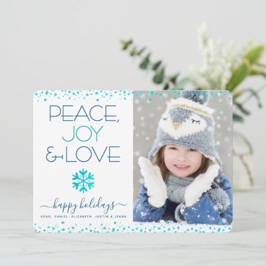 平和 喜び 愛 スクリプト おしゃれ 現代の 雪の結晶 フォト シーズンカード (スタンド正面)