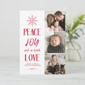 平和、喜び、愛 |赤 | 3フォトコラージュのクリスマス シーズンカード (スタンド正面)