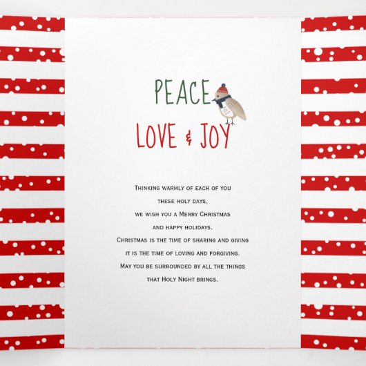 平和 愛と喜び、赤い木と飾り 三つ折りクリスマスカード (内部中)