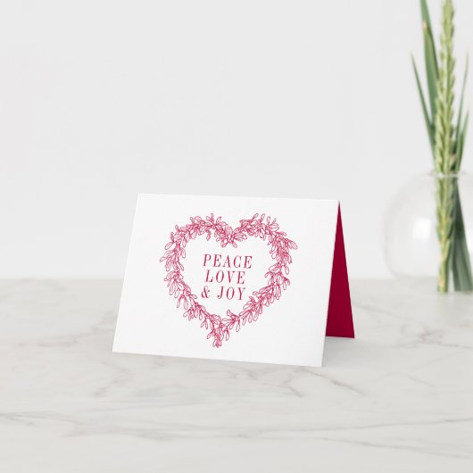 平和、愛の喜び赤いヤドリギのハートクリスマス シーズンカード (正面)