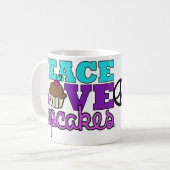 平和、愛及びカップケーキ! マグの紫色 コーヒーマグカップ (正面左)