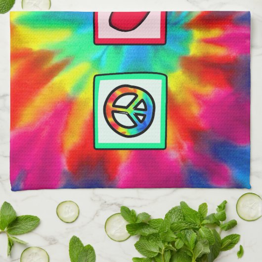 平和、愛、アコースティックギター キッチンタオル (折り畳み)